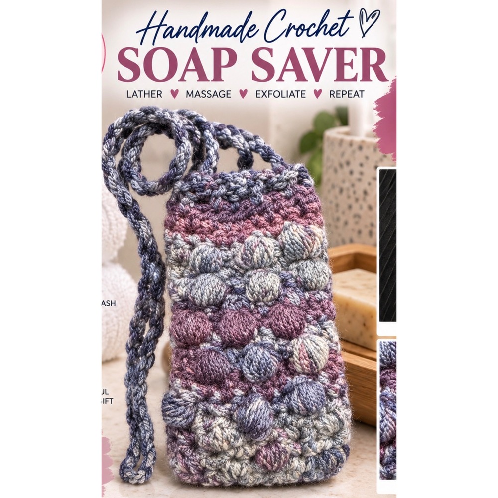 Handmade Crochet Soap Saver Bag Purple Blue Variegated Bobble Stitch Exfoliating